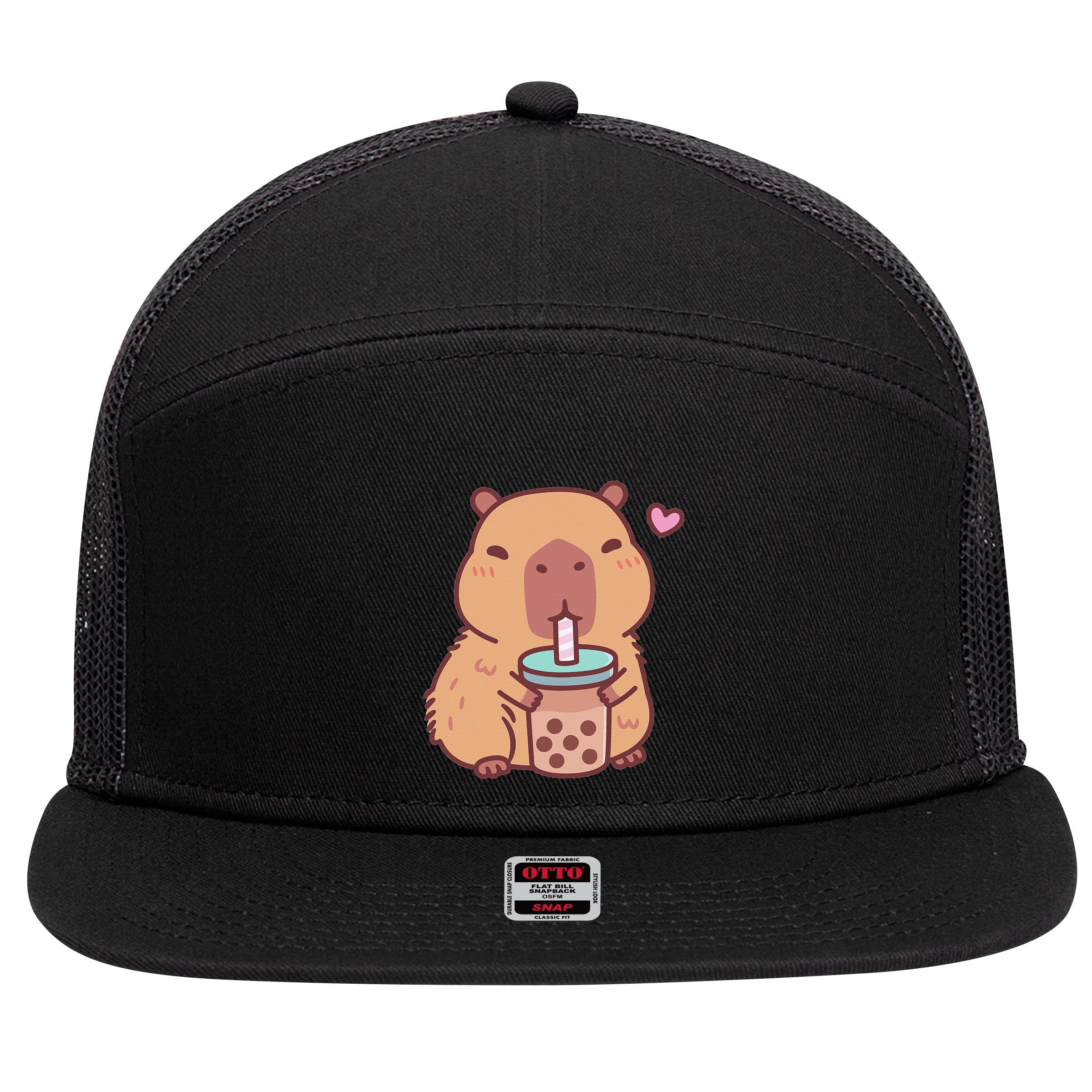 Cute Capybara Kawaii Anime Drinking Bubble Tea Lover 7 Panel Mesh Trucker Snapback Hat