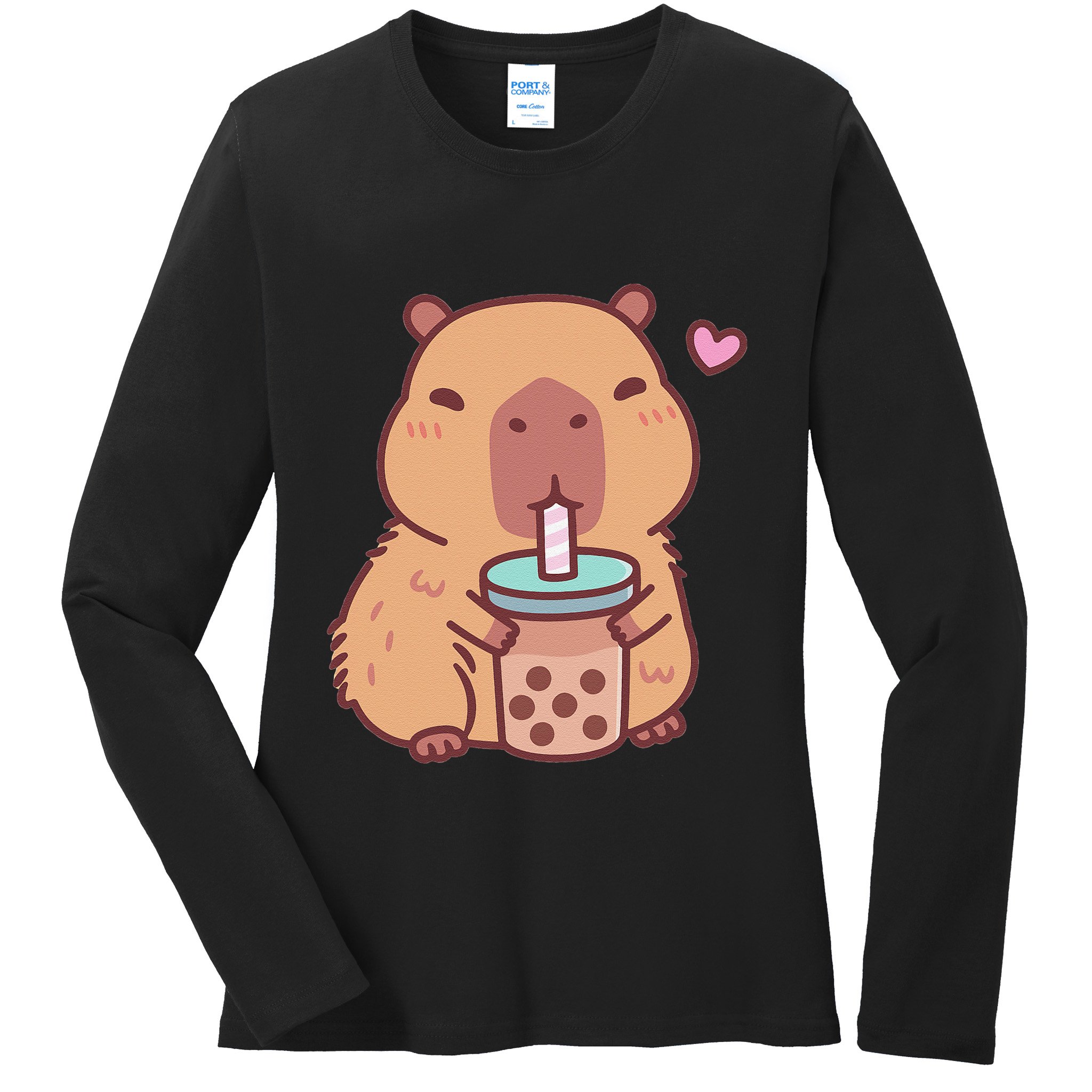 Cute Capybara Kawaii Anime Drinking Bubble Tea Lover Ladies Long Sleeve Shirt