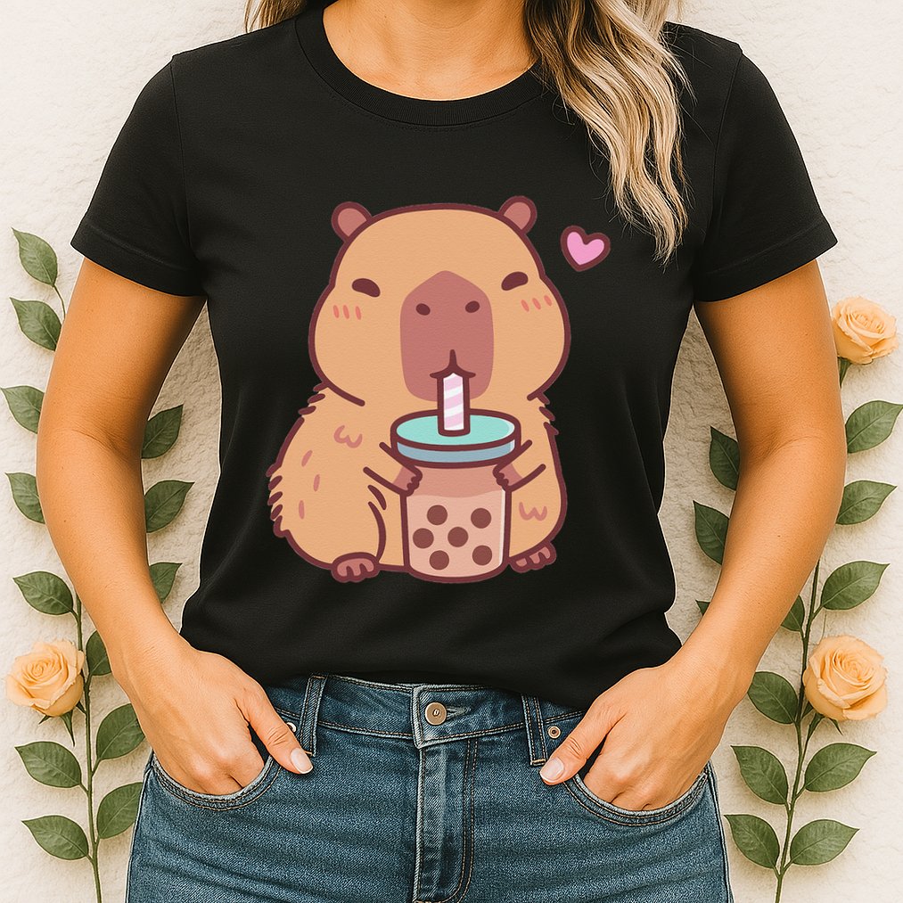 Cute Capybara Kawaii Anime Drinking Bubble Tea Lover Womens T-Shirt