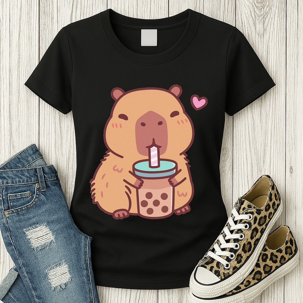 Cute Capybara Kawaii Anime Drinking Bubble Tea Lover Womens T-Shirt