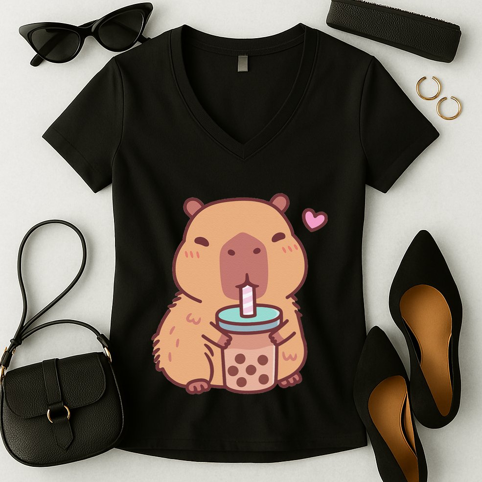 Cute Capybara Kawaii Anime Drinking Bubble Tea Lover Women's V-Neck T-Shirt