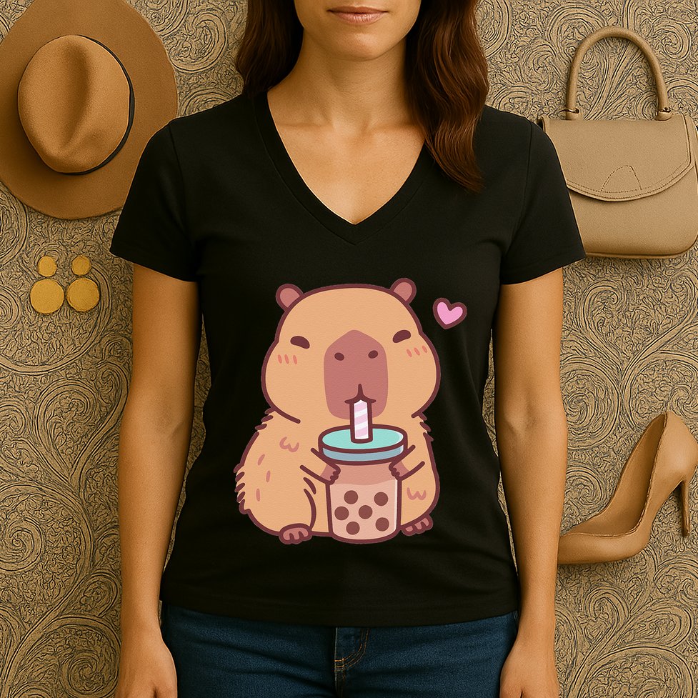 Cute Capybara Kawaii Anime Drinking Bubble Tea Lover Women's V-Neck T-Shirt