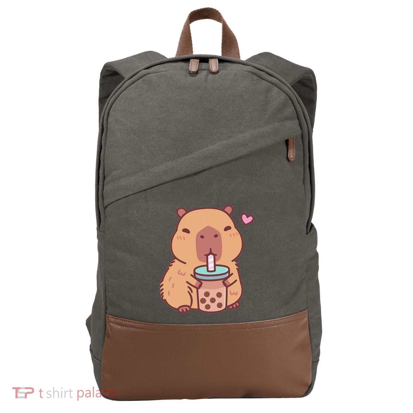 Cute Capybara Kawaii Anime Drinking Bubble Tea Lover Cotton Canvas Backpack