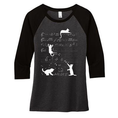 Cute Cat Kitty Playing Music Clef Piano Musician Art Women's Tri-Blend 3/4-Sleeve Raglan Shirt