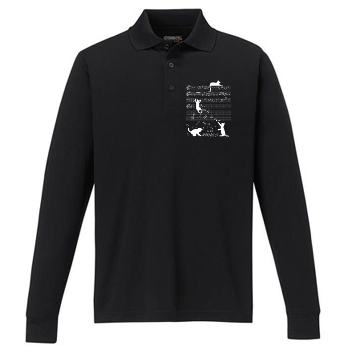 Cute Cat Kitty Playing Music Gift Clef Piano Musician Art Gift Performance Long Sleeve Polo