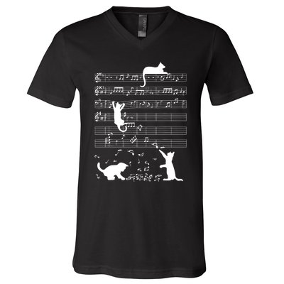 Cute Cat Kitty Playing Music Gift Clef Piano Musician Art Gift V-Neck T-Shirt