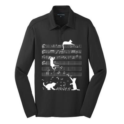 Cute Cat Kitty Playing Music Gift Clef Piano Musician Art Gift Silk Touch Performance Long Sleeve Polo