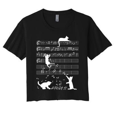 Cute Cat Kitty Playing Music Gift Clef Piano Musician Art Gift Women's Crop Top Tee