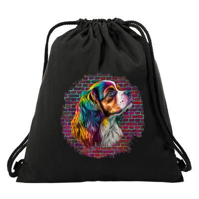 Colorful Cavalier King Charles Spaniel Dog Pop Art Bricks Drawstring Bag