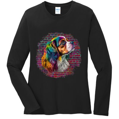 Colorful Cavalier King Charles Spaniel Dog Pop Art Bricks Ladies Long Sleeve Shirt