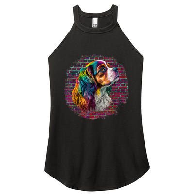 Colorful Cavalier King Charles Spaniel Dog Pop Art Bricks Women's Perfect Tri Rocker Tank