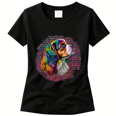 Colorful Cavalier King Charles Spaniel Dog Pop Art Bricks Womens T-Shirt
