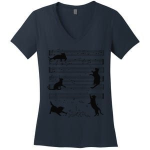 Cute Cat Kitty Playing Music Note Clef Musician Art Funny Women's V-Neck T-Shirt