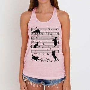 Cute Cat Kitty Playing Music Note Clef Musician Art Funny Women's Knotted Racerback Tank