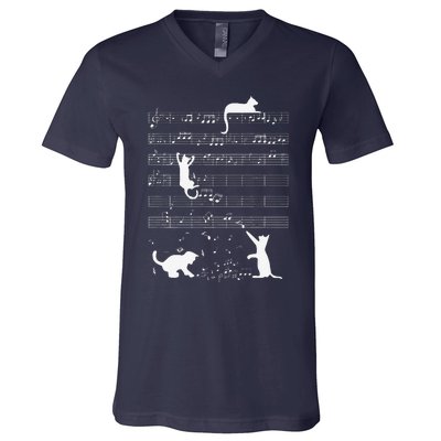 Cute Cat Kitty Playing Music Note Funny Clef Musician Art V-Neck T-Shirt