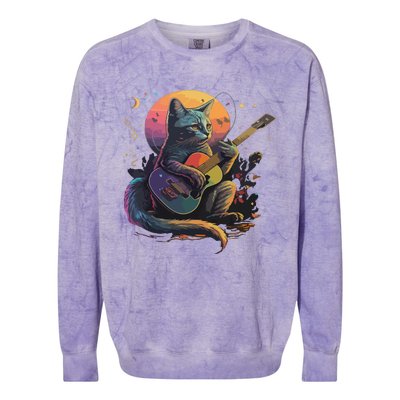 Cute Cat Kitty Playing Guitar Vintage Cats Lover Guitarist Colorblast Crewneck Sweatshirt