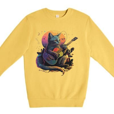 Cute Cat Kitty Playing Guitar Vintage Cats Lover Guitarist Premium Crewneck Sweatshirt