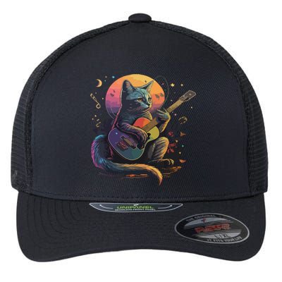 Cute Cat Kitty Playing Guitar Vintage Cats Lover Guitarist Flexfit Unipanel Trucker Cap