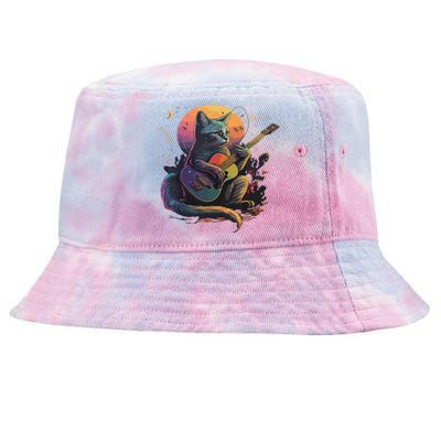 Cute Cat Kitty Playing Guitar Vintage Cats Lover Guitarist Tie-Dyed Bucket Hat