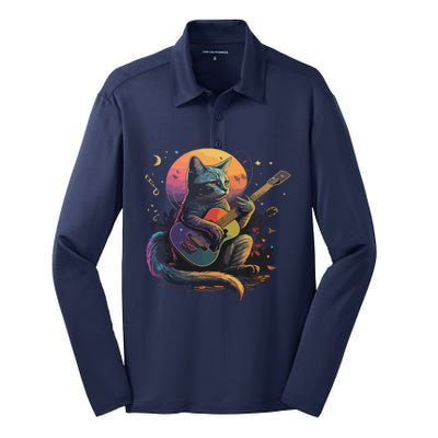 Cute Cat Kitty Playing Guitar Vintage Cats Lover Guitarist Silk Touch Performance Long Sleeve Polo