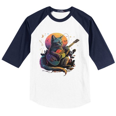 Cute Cat Kitty Playing Guitar Vintage Cats Lover Guitarist Baseball Sleeve Shirt