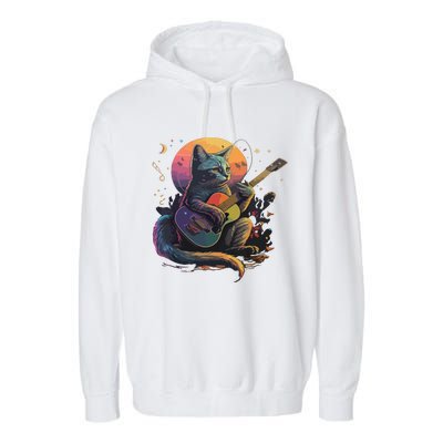 Cute Cat Kitty Playing Guitar Vintage Cats Lover Guitarist Garment-Dyed Fleece Hoodie