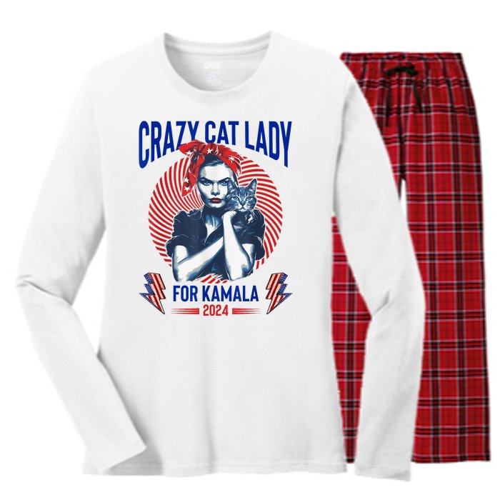 Crazy Cat Lady For Kamala 2024 Kamala Election 2024 Vote Women's Long Sleeve Flannel Pajama Set 