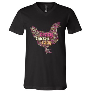 Crazy Chicken Lady Typography Chickens Farm Animal Lover V-Neck T-Shirt