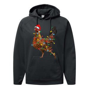 Chicken Christmas Lights Santa Hat Funny Chicken Lover Xmas Performance Fleece Hoodie