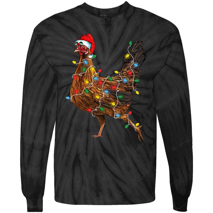 Chicken Christmas Lights Santa Hat Funny Chicken Lover Xmas Tie-Dye Long Sleeve Shirt