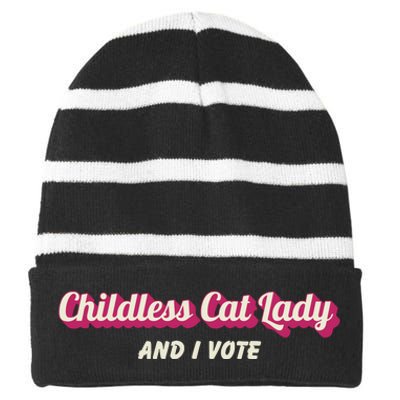 Childless Cat Lady And I Vote Ladies Is Voting Kamala Striped Beanie with Solid Band