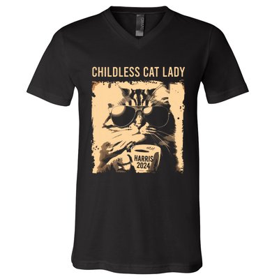 Childless Cat Lady Vintage Coffee Cat Kamala 2024 V-Neck T-Shirt