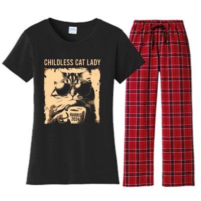 Childless Cat Lady Vintage Coffee Cat Kamala 2024 Women's Flannel Pajama Set