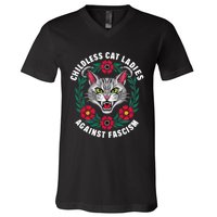 Childless Cat Ladies Against Fascism Flowers V-Neck T-Shirt