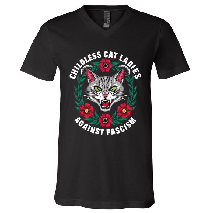 Childless Cat Ladies Against Fascism Flowers V-Neck T-Shirt