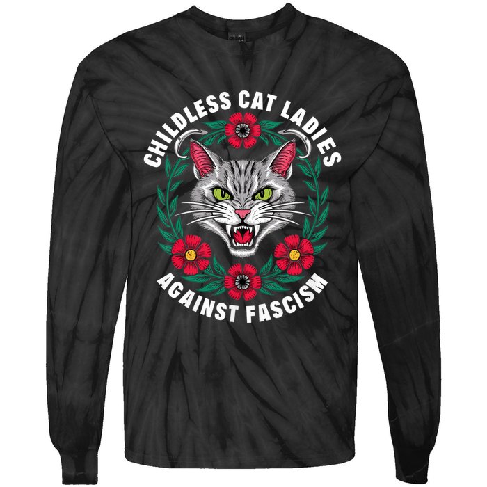 Childless Cat Ladies Against Fascism Flowers Tie-Dye Long Sleeve Shirt