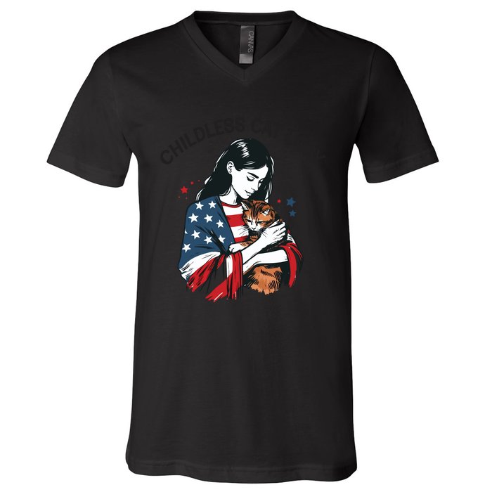 Childless Cat Lady With Patriotic Flair V-Neck T-Shirt