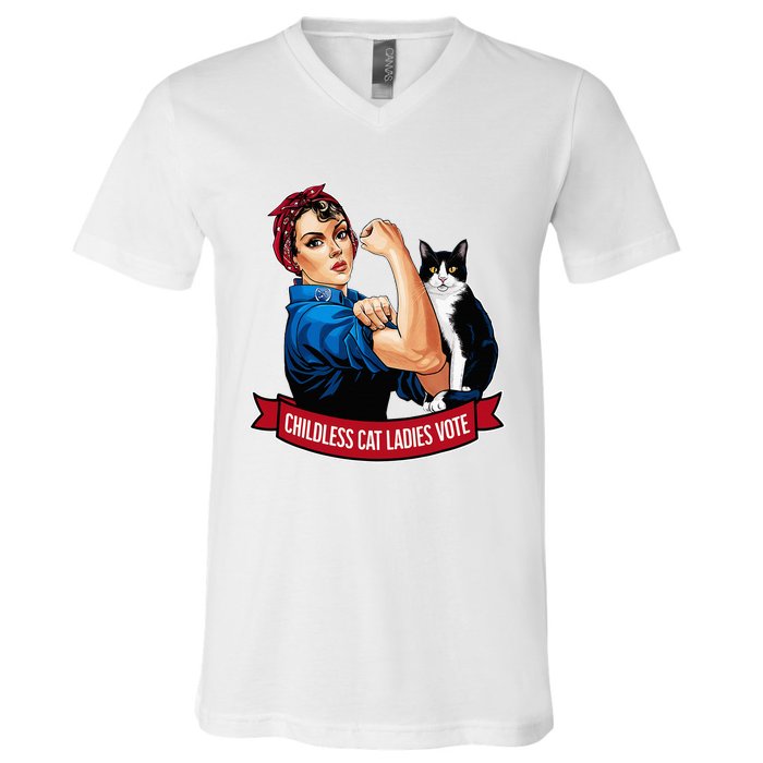 Childless Cat Ladies Vote Rosie The Riveter V-Neck T-Shirt