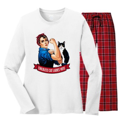 Childless Cat Ladies Vote Rosie The Riveter Women's Long Sleeve Flannel Pajama Set 