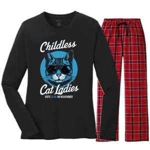 Childless Cat Ladies Vote Blue Graphic Women's Long Sleeve Flannel Pajama Set 