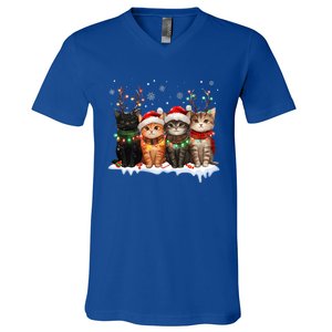 Cat Christmas Light Reindeer Santa Christmas Cat Lover V-Neck T-Shirt