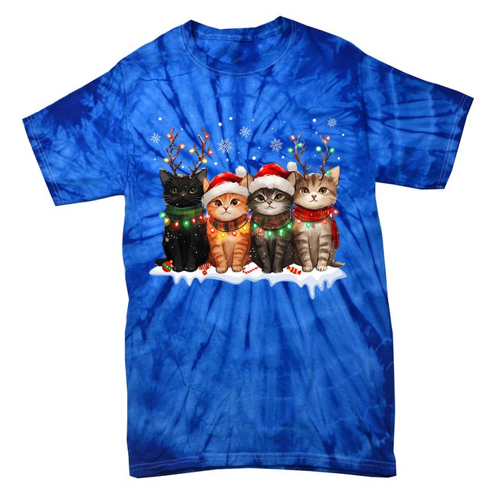 Cat Christmas Light Reindeer Santa Christmas Cat Lover Tie-Dye T-Shirt