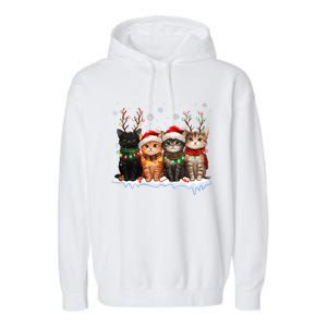 Cat Christmas Light Reindeer Santa Christmas Cat Lover Garment-Dyed Fleece Hoodie