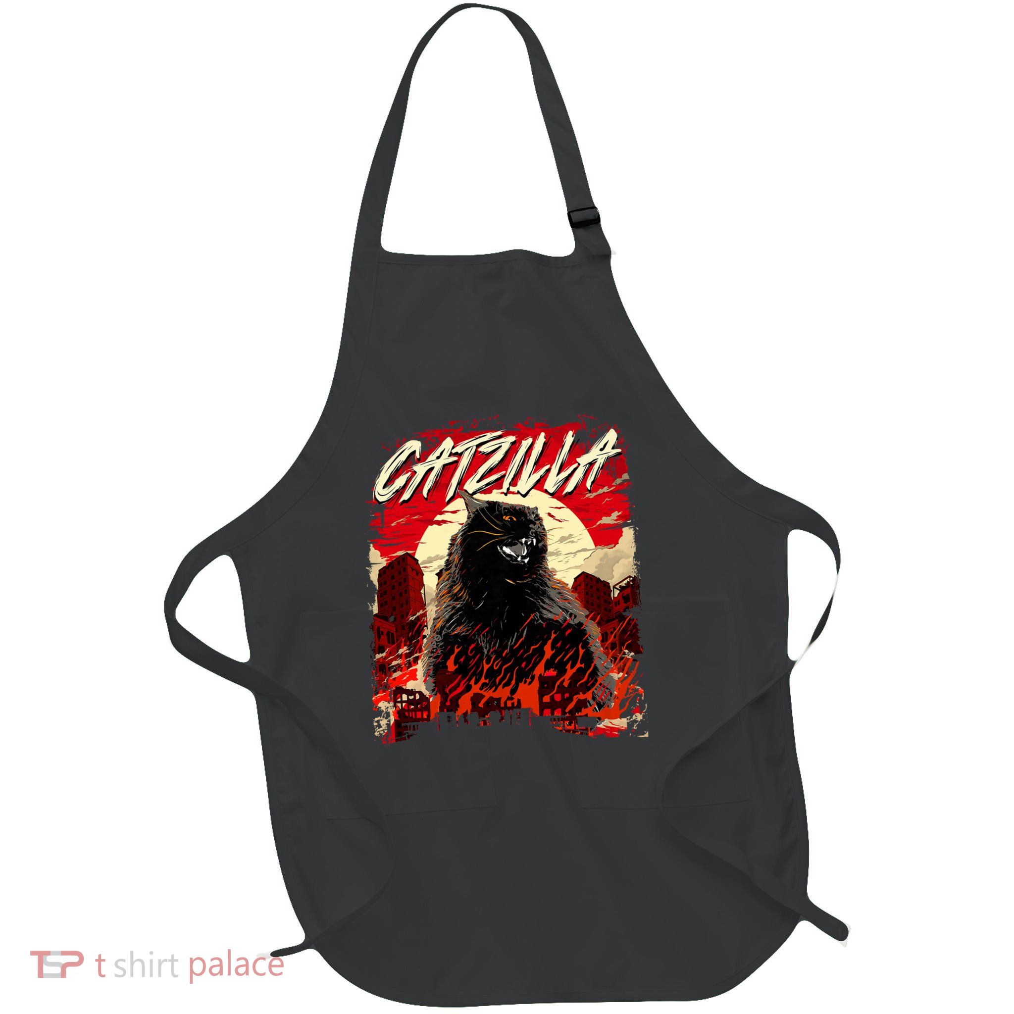 Catzilla - Cat Lover Kitten Owner Kitty, Small, Black Full-Length Apron With Pockets