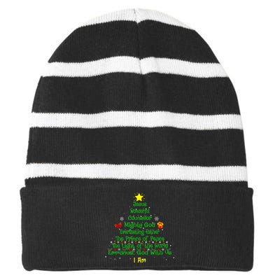 Christian Christmas Lover Bible Names Of Jesus Tree Xmas Striped Beanie with Solid Band