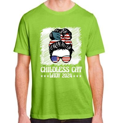 Childless Cat Lady 2024 Groovy Messy Bun American Flag Adult ChromaSoft Performance T-Shirt