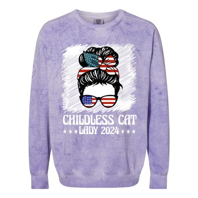 Childless Cat Lady 2024 Groovy Messy Bun American Flag Colorblast Crewneck Sweatshirt