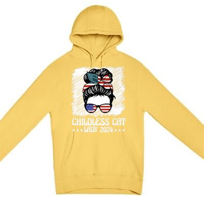 Childless Cat Lady 2024 Groovy Messy Bun American Flag Premium Pullover Hoodie