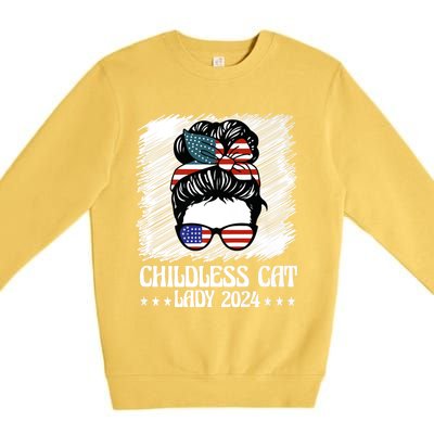 Childless Cat Lady 2024 Groovy Messy Bun American Flag Premium Crewneck Sweatshirt