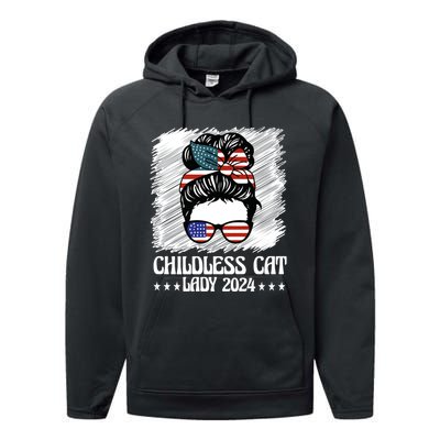 Childless Cat Lady 2024 Groovy Messy Bun American Flag Performance Fleece Hoodie